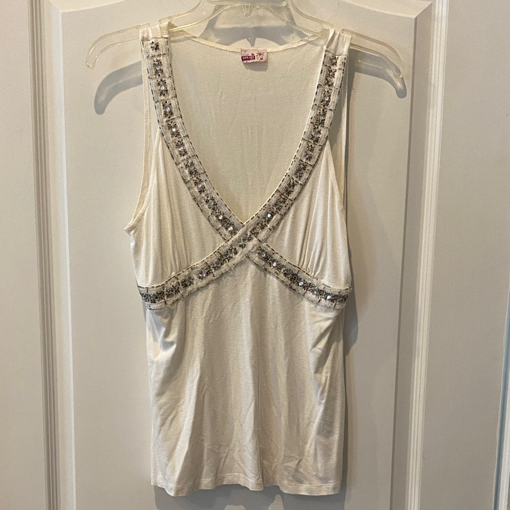 San Joy White Embellished Tank Top